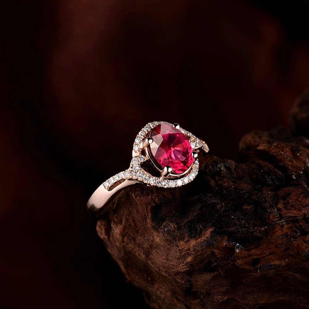 Tourmaline Ring For Women, 14K Rose Gold Rings - Pink Tourmaline Ring with Diamond, 7X9mm Natural Tourmaline Rings & Real Diamond Gemstone Rings For Couple Engagement Ring