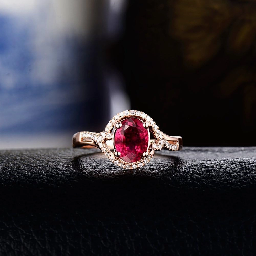 Tourmaline Ring For Women, 14K Rose Gold Rings - Pink Tourmaline Ring with Diamond, 7X9mm Natural Tourmaline Rings & Real Diamond Gemstone Rings For Couple Engagement Ring