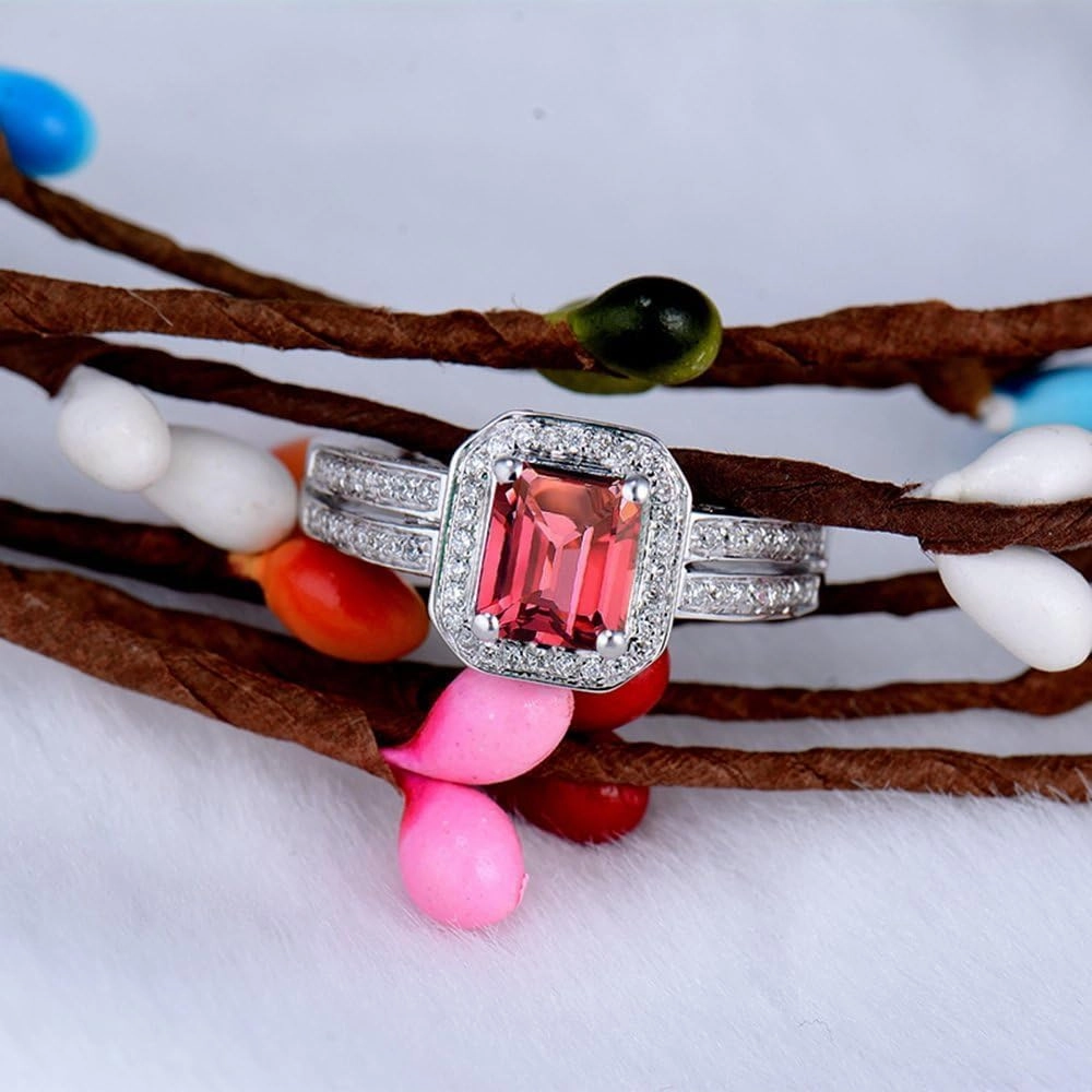 Tourmaline Ring For Women, 14K Solid White Gold Rings - Pink Tourmaline Ring with Diamond, Natural Tourmaline Pink Gemstone Ring & Real Diamond Ring For Couple Engagement Ring