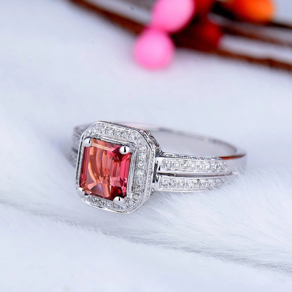 Tourmaline Ring For Women, 14K Solid White Gold Rings - Pink Tourmaline Ring with Diamond, Natural Tourmaline Pink Gemstone Ring & Real Diamond Ring For Couple Engagement Ring