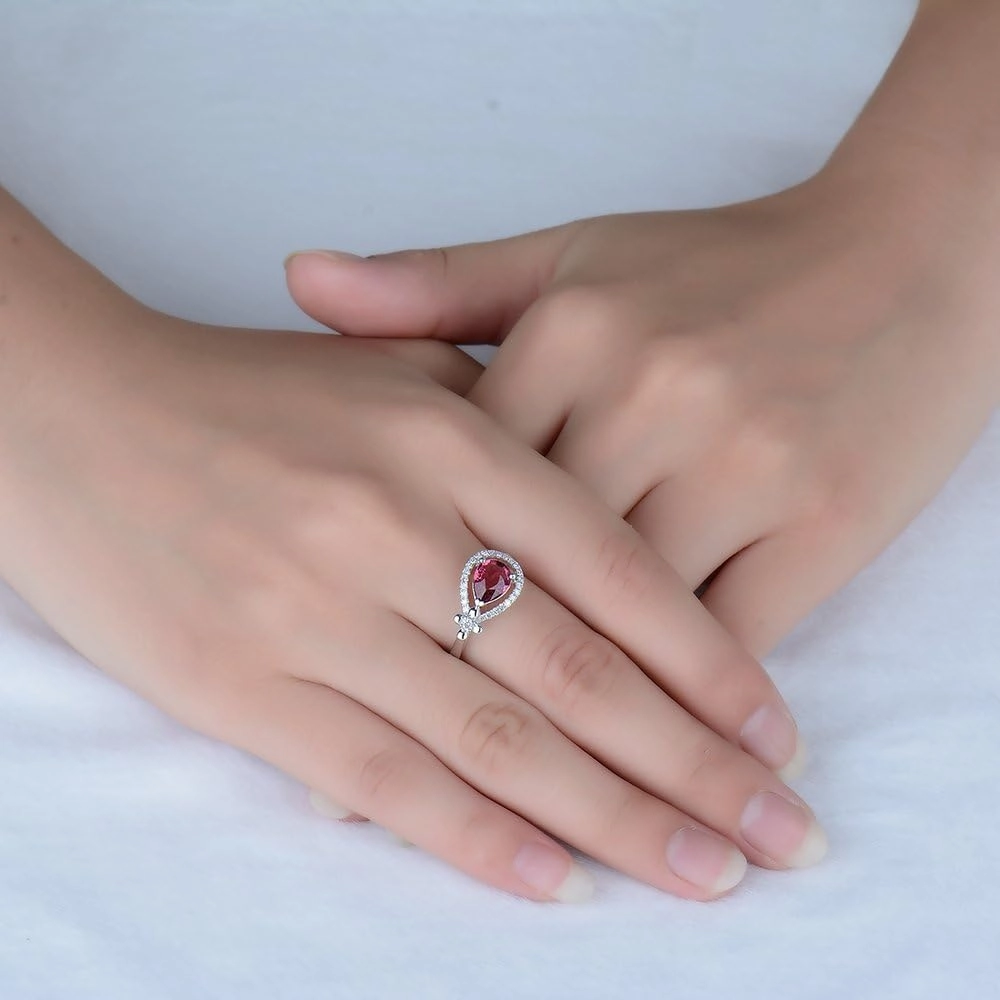 Tourmaline Ring For Women, 14K White Gold Rings - Pink Tourmaline Ring with Diamond, Natural Pear 6x8mm Tourmaline Pink Ring & Real Diamond Gemstone Rings For Couple Engagement Ring