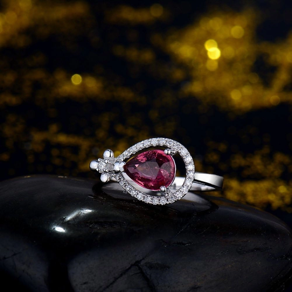 Tourmaline Ring For Women, 14K White Gold Rings - Pink Tourmaline Ring with Diamond, Natural Pear 6x8mm Tourmaline Pink Ring & Real Diamond Gemstone Rings For Couple Engagement Ring