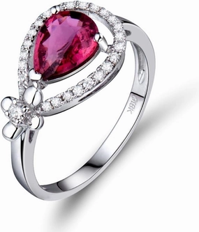 Tourmaline Ring For Women, 14K White Gold Rings - Pink Tourmaline Ring with Diamond, Natural Pear 6x8mm Tourmaline Pink Ring & Real Diamond Gemstone Rings For Couple Engagement Ring