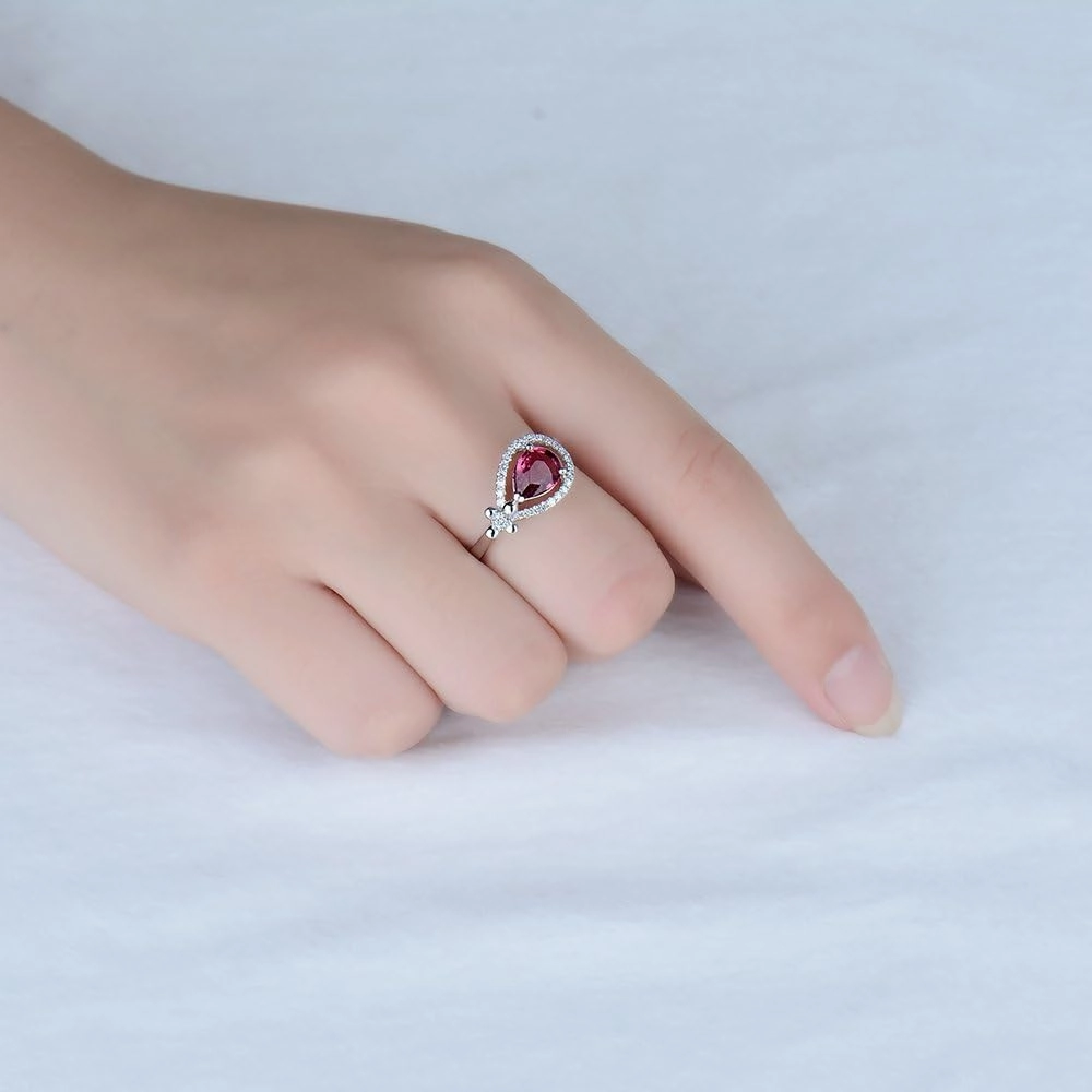 Tourmaline Ring For Women, 14K White Gold Rings - Pink Tourmaline Ring with Diamond, Natural Pear 6x8mm Tourmaline Pink Ring & Real Diamond Gemstone Rings For Couple Engagement Ring