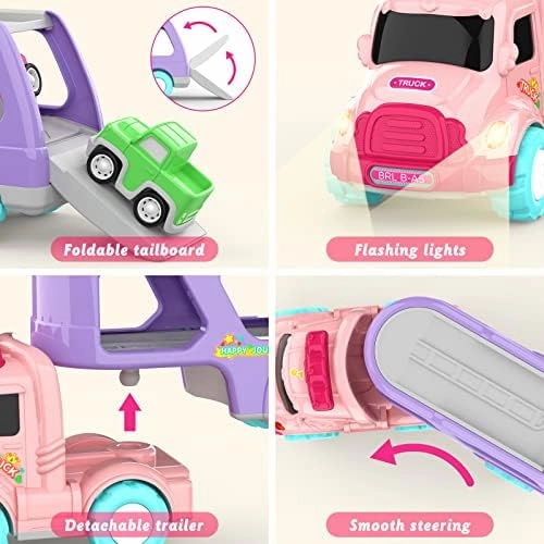 Toys for 1 2 3 Year Old Girl, 5-in-1 Carrier Truck for Toddler Girl, Friction Power Toy Cars with Light & Sound, Birthday Gifts, Pink