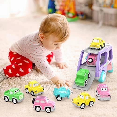 Toys for 1 2 3 Year Old Girl, 5-in-1 Carrier Truck for Toddler Girl, Friction Power Toy Cars with Light & Sound, Birthday Gifts, Pink