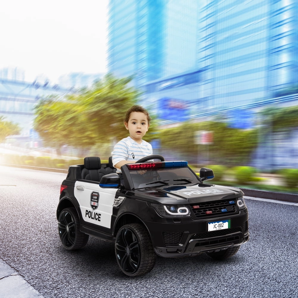 Track 7 Kids Ride on Police Car, 12V Electric Car for Boys Girls Age 3 , Flashing Siren, Microphone, Remote Control, Black