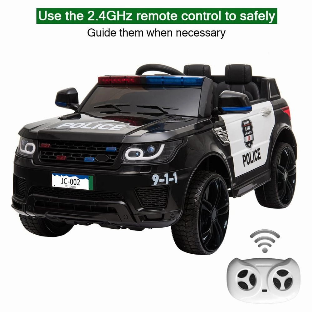 Track 7 Kids Ride on Police Car, 12V Electric Car for Boys Girls Age 3 , Flashing Siren, Microphone, Remote Control, Black