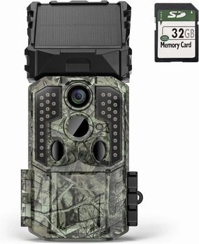 Trail Camera, Solar Powered Game Camera 4K 30MP, Hunting Scouting Cam with 120 Degree PIR Range, IP66 Waterproof, Night Vision for Outdoor Wildlife Monitoring Home Security