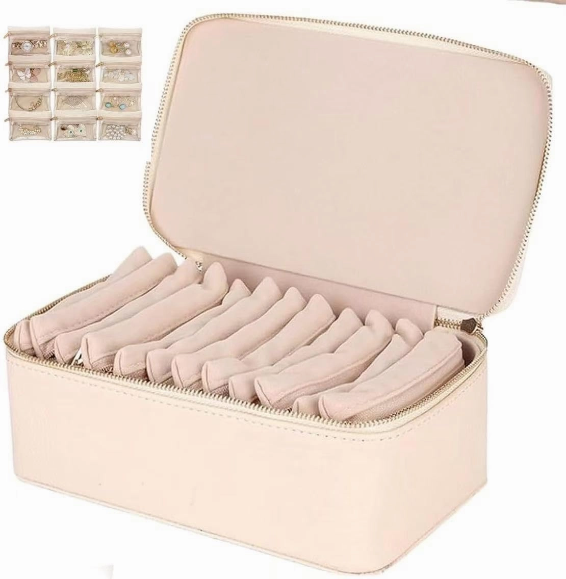 Travel Jewelry Box with Pouch - Large Capacity Jewelry Organizer for Women, 12 Felt Portable Divider Pouches, Earring Necklace Ring Storage Case, Perfect Wedding/Graduation Gift (Beige)