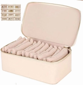 Travel Jewelry Box with Pouch - Large Capacity Jewelry Organizer for Women, 12 Felt Portable Divider Pouches, Earring Necklace Ring Storage Case, Perfect Wedding/Graduation Gift (Beige)