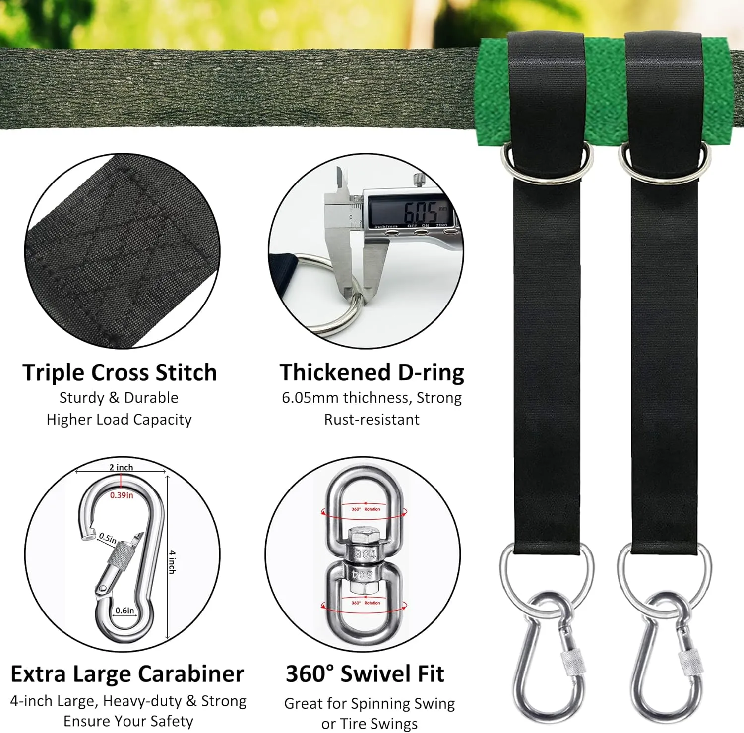 Tree Swing Straps Hanging Kit 4FT/8FT/15FT/20FT/25FT, Extra Long Tree Swing Straps Holds 5500 lbs with Lock Carabiners & Tree Protectors, Safer for All Swing & Hammock (15FT)