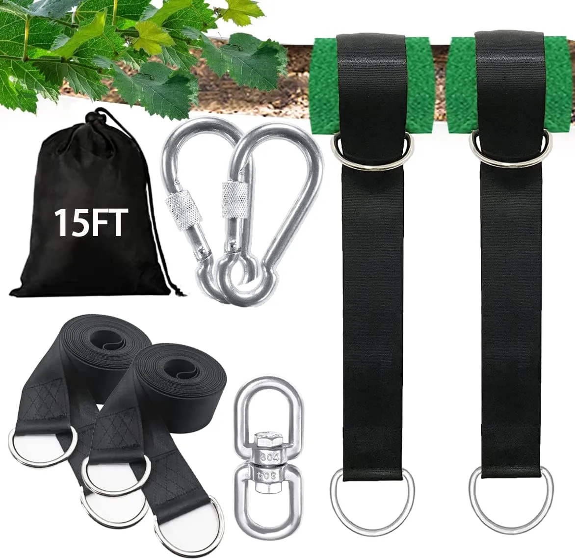 Tree Swing Straps Hanging Kit 4FT/8FT/15FT/20FT/25FT, Extra Long Tree Swing Straps Holds 5500 lbs with Lock Carabiners & Tree Protectors, Safer for All Swing & Hammock (15FT)