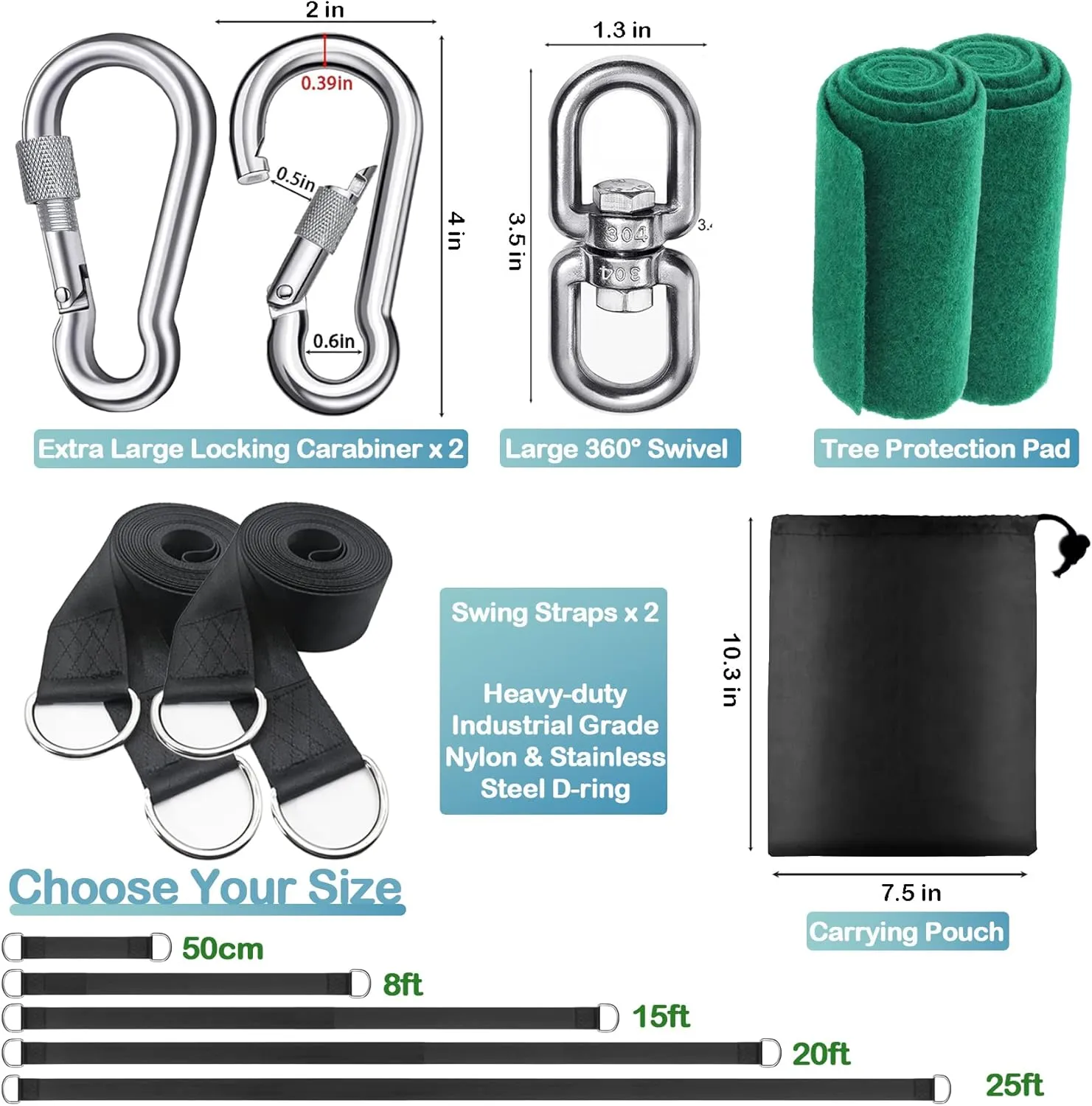 Tree Swing Straps Hanging Kit 4FT/8FT/15FT/20FT/25FT, Extra Long Tree Swing Straps Holds 5500 lbs with Lock Carabiners & Tree Protectors, Safer for All Swing & Hammock (15FT)