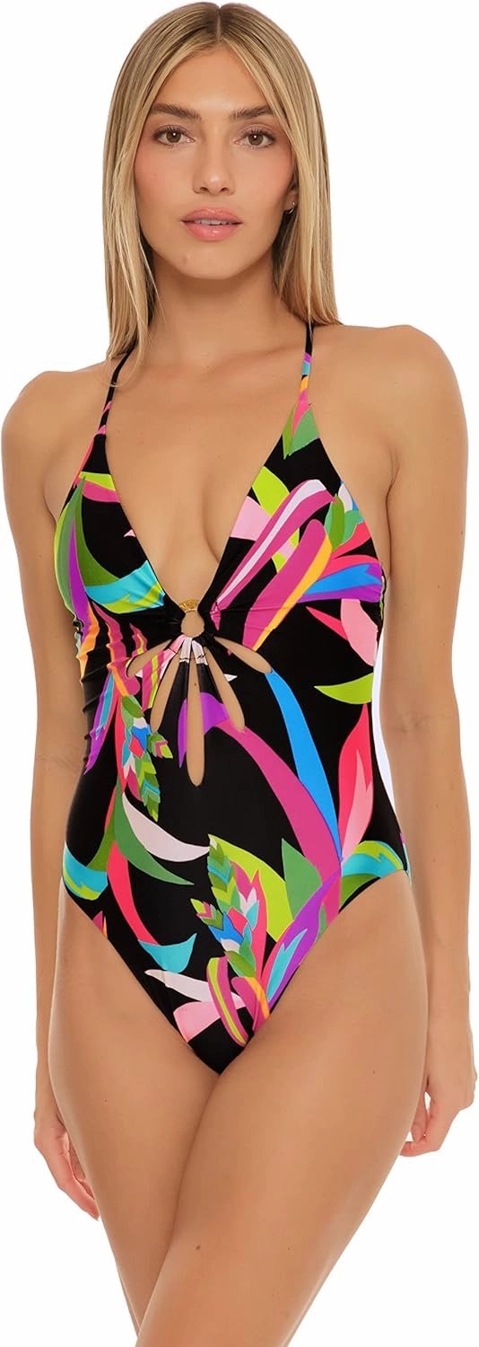 Trina Turk Women's Birds of Paradise Cut-Out One Piece Swimsuit, Floral Print, V Neck, Bathing Suits