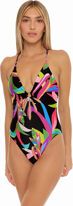 Trina Turk Women's Birds of Paradise Cut-Out One Piece Swimsuit, Floral Print, V Neck, Bathing Suits