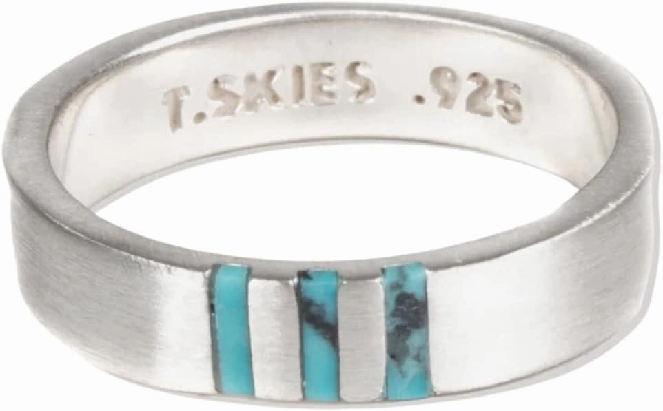 Turquoise Skies TSKIES Spirit Stone: Sterling Silver Turquoise Inlay Trinity Ring for Men