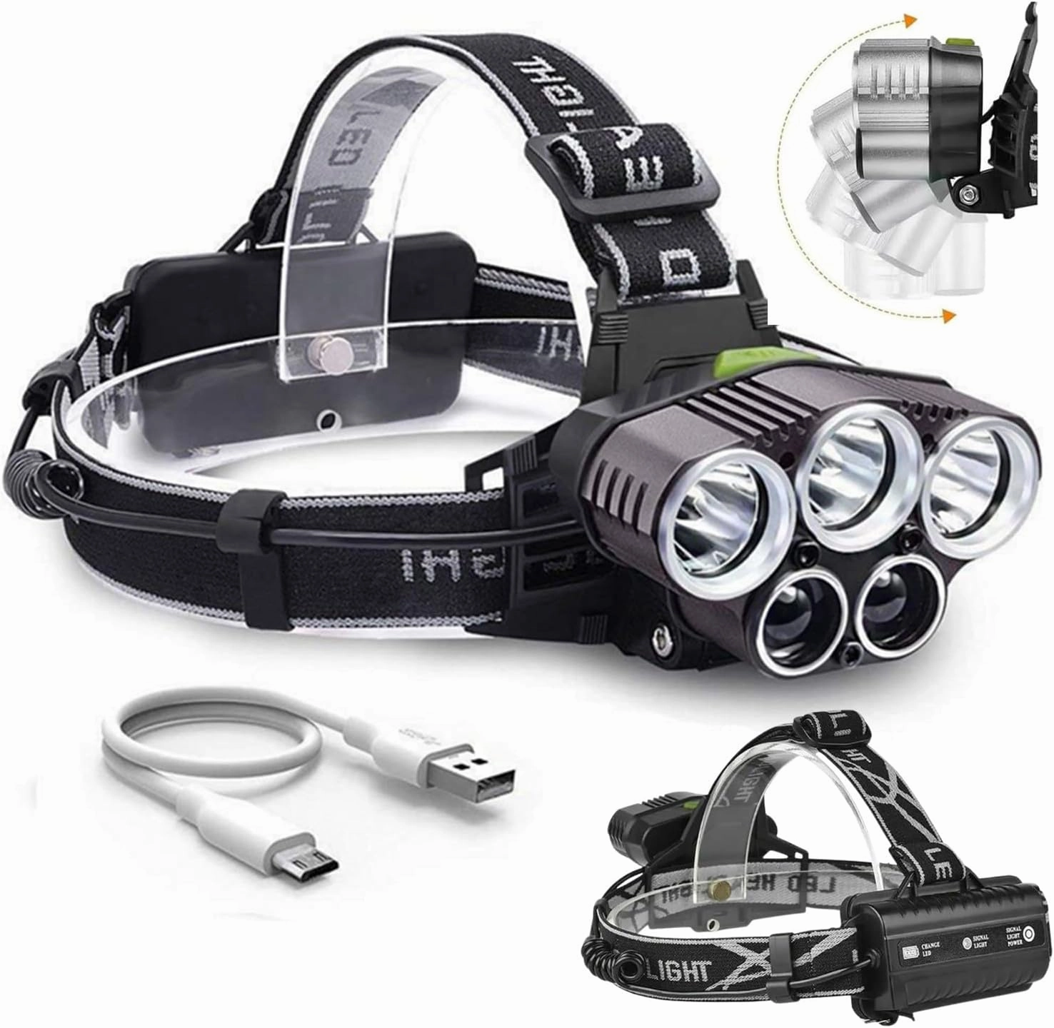 Ultra Bright Waterproof USB Rechargeable Headlamp,Head-Mounted High Lumens Flashlight,6 Modes 5 LED Head Lamps,Portable 90°Adjustable Head Lights for Running Camping Fishing