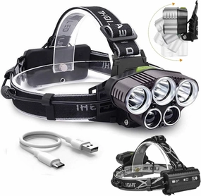 Ultra Bright Waterproof USB Rechargeable Headlamp,Head-Mounted High Lumens Flashlight,6 Modes 5 LED Head Lamps,Portable 90°Adjustable Head Lights for Running Camping Fishing