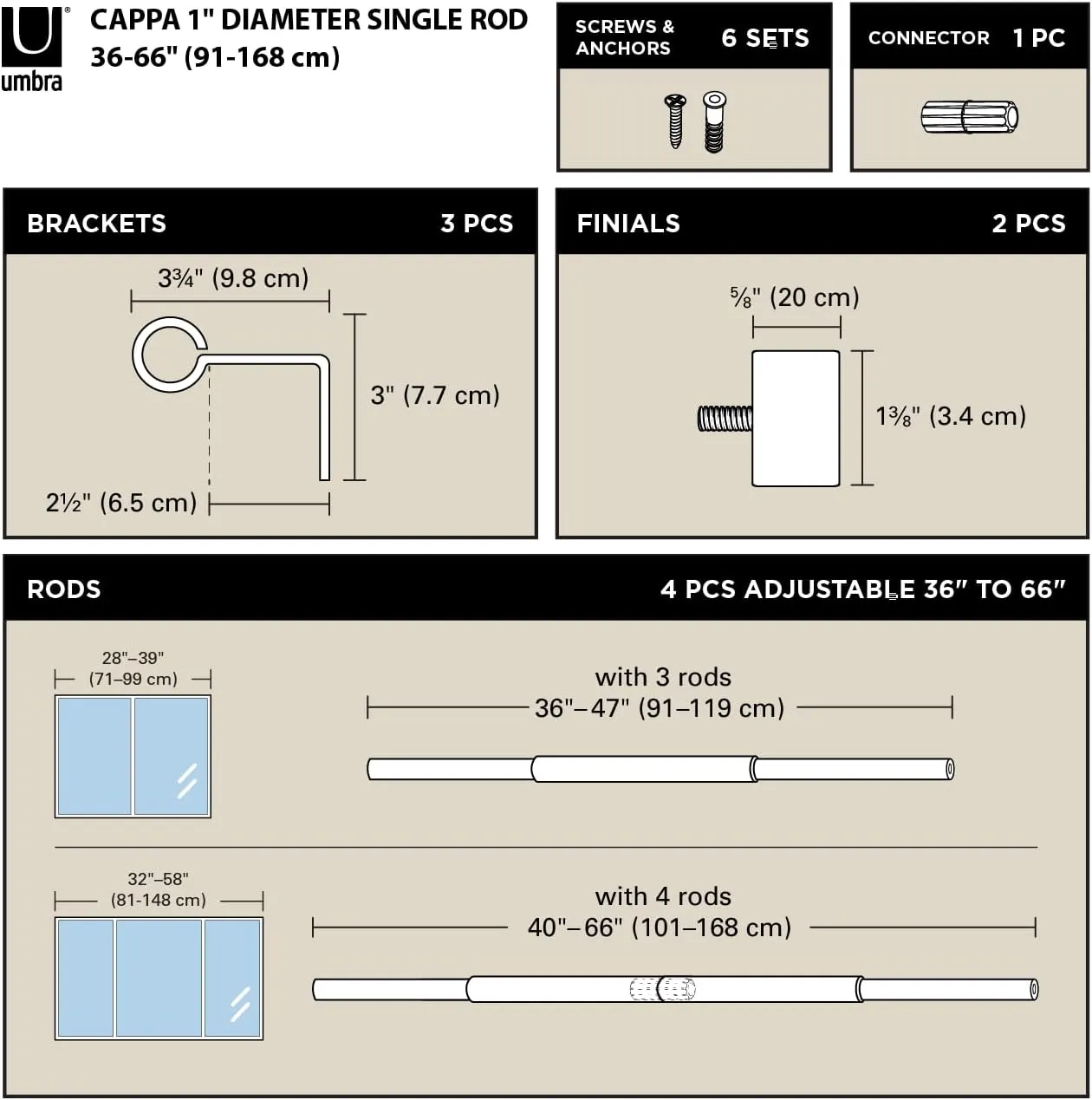 Umbra Cappa Modern 1" Curtain Rod, Includes 2 Matching Finials, Brackets & Hardware, Brass
