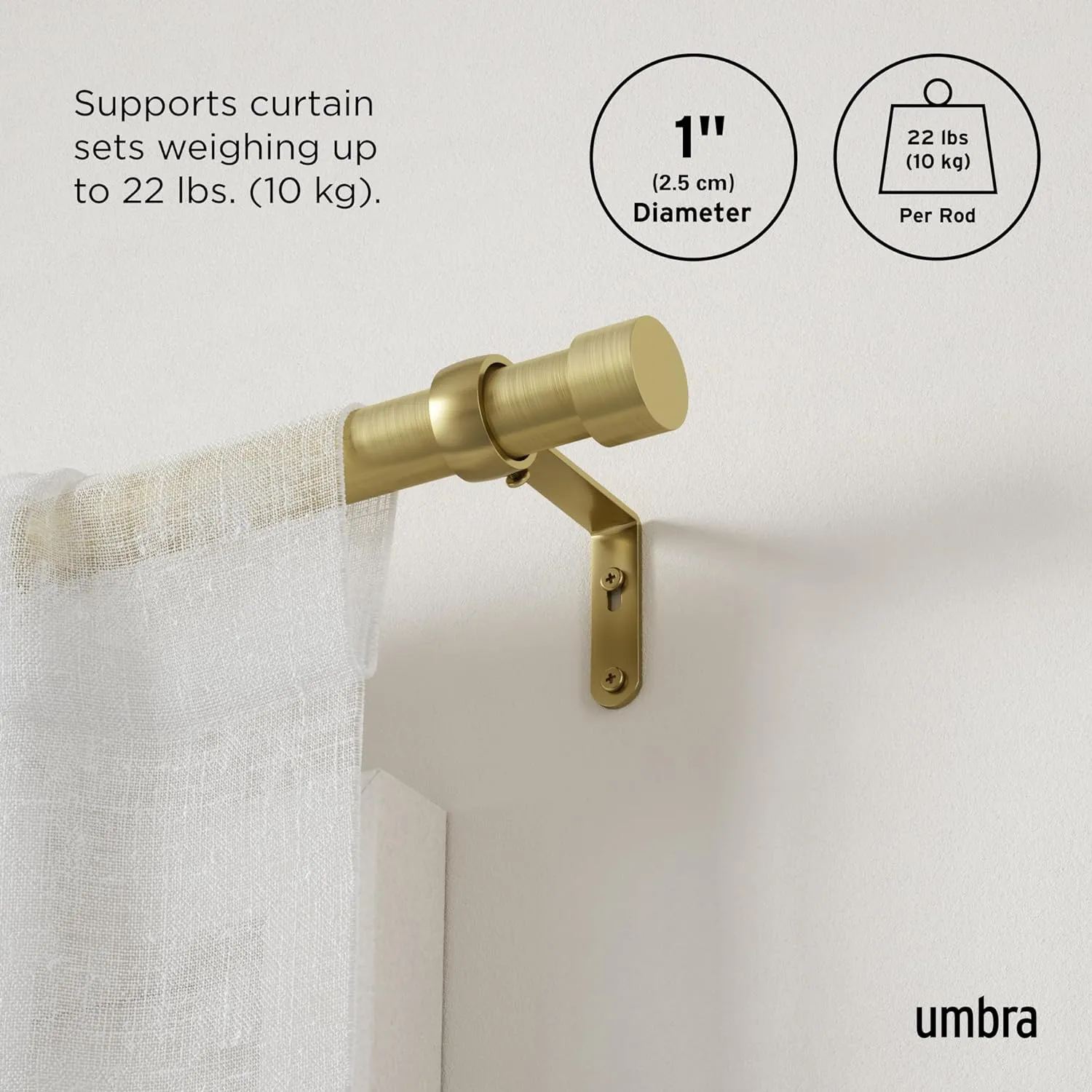 Umbra Cappa Modern 1" Curtain Rod, Includes 2 Matching Finials, Brackets & Hardware, Brass