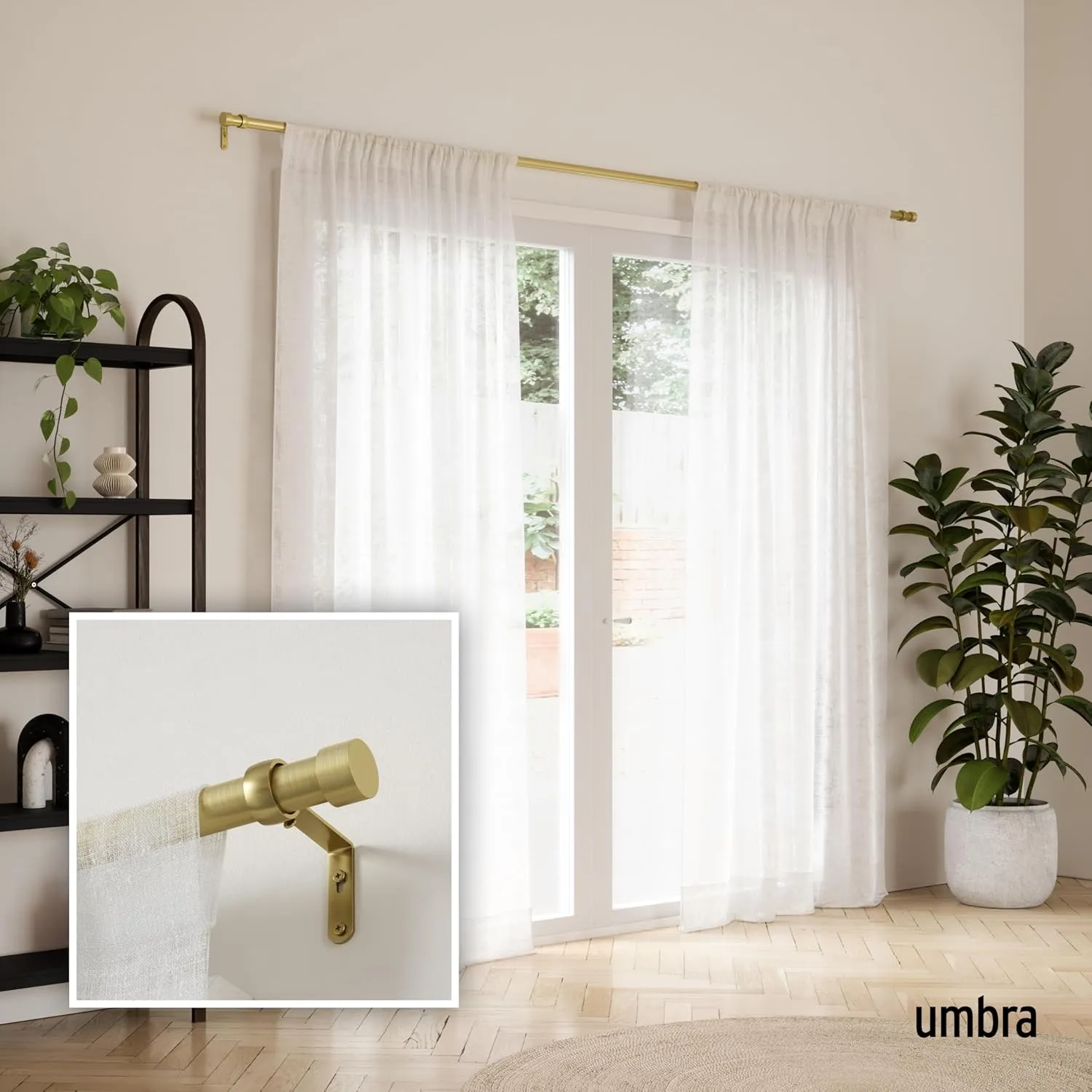 Umbra Cappa Modern 1" Curtain Rod, Includes 2 Matching Finials, Brackets & Hardware, Brass