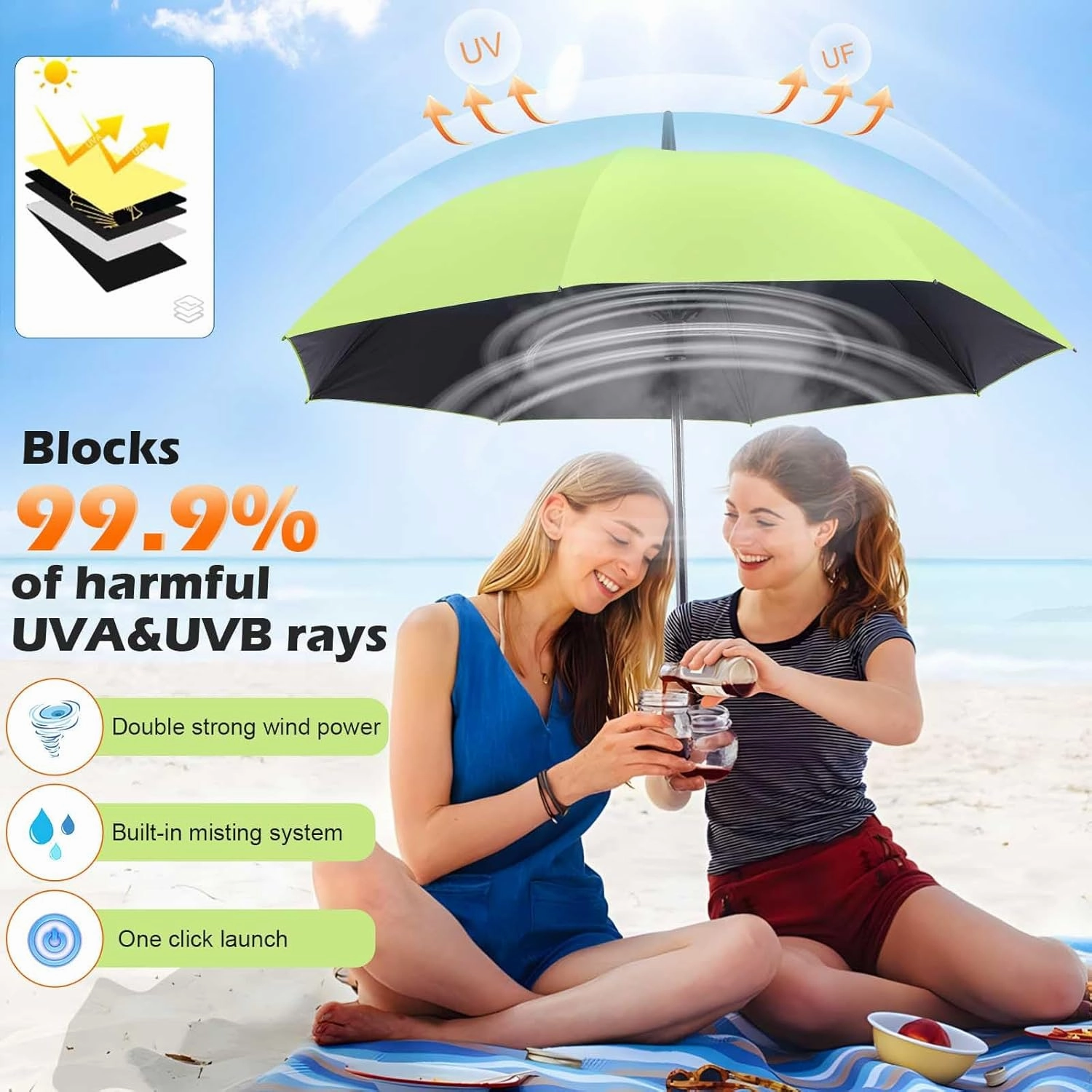 Umbrella with fan and mist spray,Rechargeable - Ultimate Solution for Cooling & UV Protection - Ideal for Summer, Beach, Outdoor Sports, Golf, Fishing Activities.