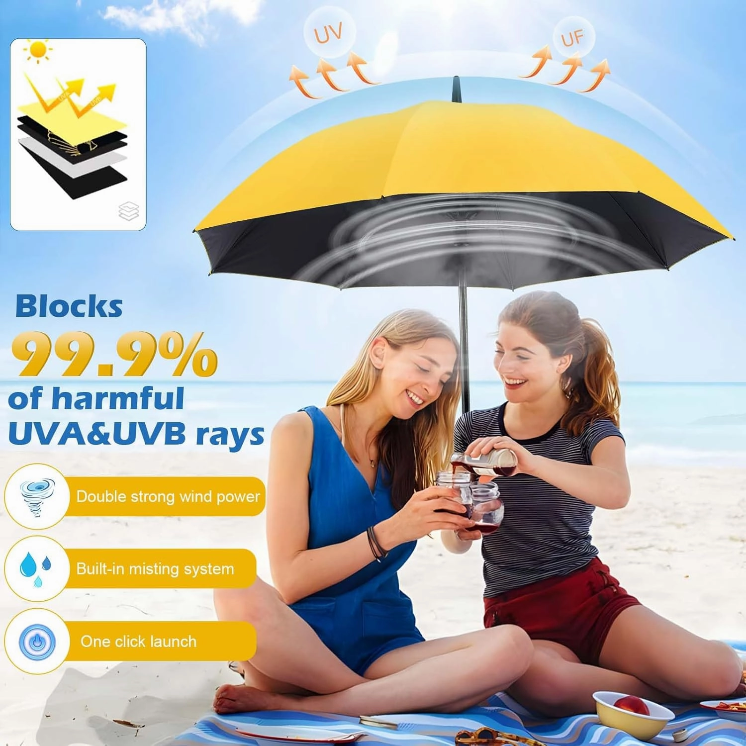 Umbrella with fan and mist spray,Rechargeable - Ultimate Solution for Cooling & UV Protection - Ideal for Summer, Beach, Outdoor Sports, Golf, Fishing Activities.