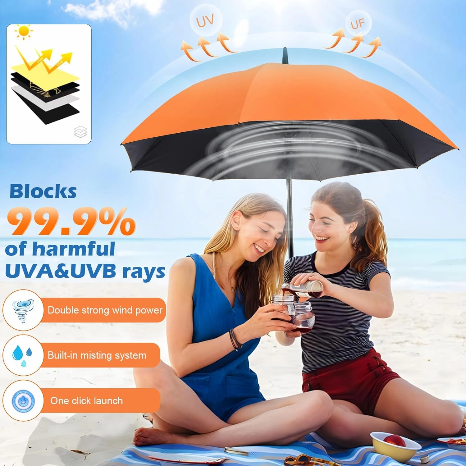Umbrella with fan and mist spray,Rechargeable - Ultimate Solution for Cooling & UV Protection - Ideal for Summer, Beach, Outdoor Sports, Golf, Fishing Activities.