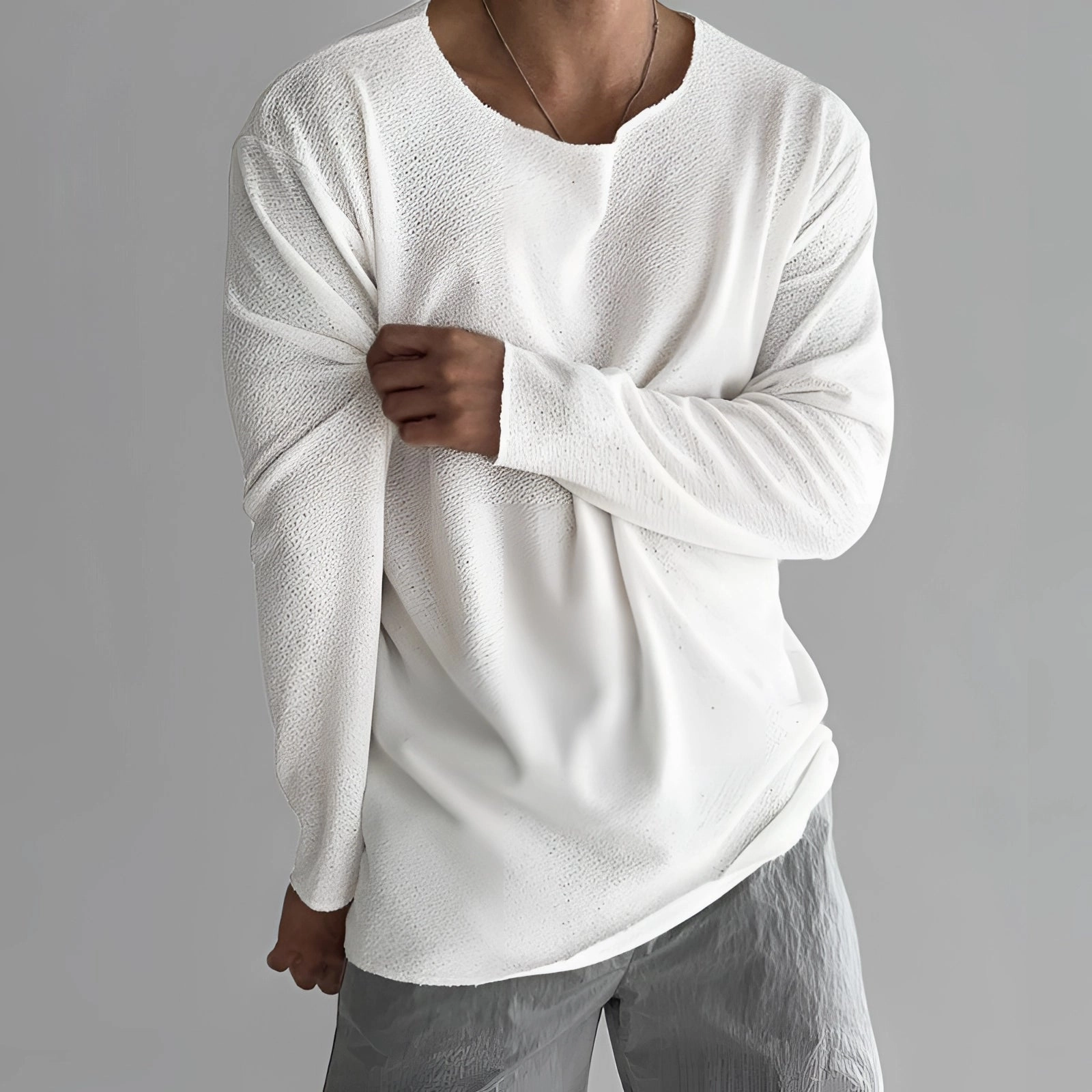 Unisex Lightweight Long-Sleeve Crewneck White T-Shirt