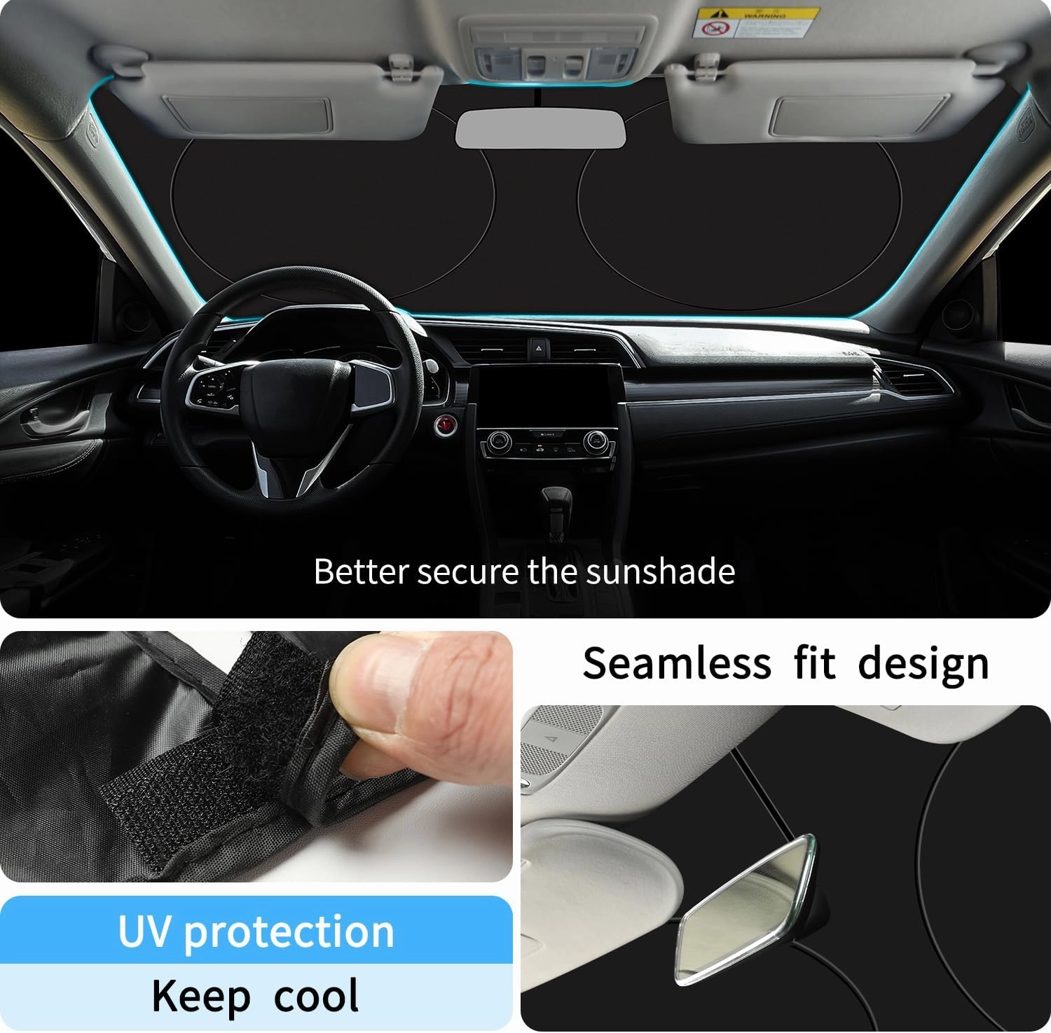 Universal Car Windshield Sun Shade, Innovative No-Light-Pass Technology for Maximum Protection, Foldable Sunshade with Cut-Out Keeps Car Cool, Fit for Cars, Trucks, SUVs, X-Large (65.7*36.4 In)