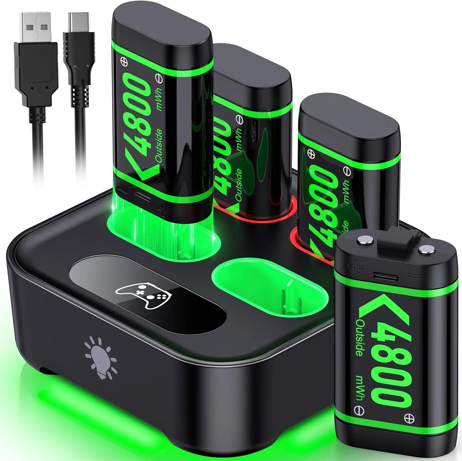 Upgraded Fast Charging Rechargeable Battery Packs with Light Control, 4 x 4800mWh Xbox Controller Batteries with Charger Dock/Station for Xbox Series X|S, One S/X/Elite Controllers, Console Accessory