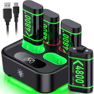 Upgraded Fast Charging Rechargeable Battery Packs with Light Control, 4 x 4800mWh Xbox Controller Batteries with Charger Dock/Station for Xbox Series X|S, One S/X/Elite Controllers, Console Accessory