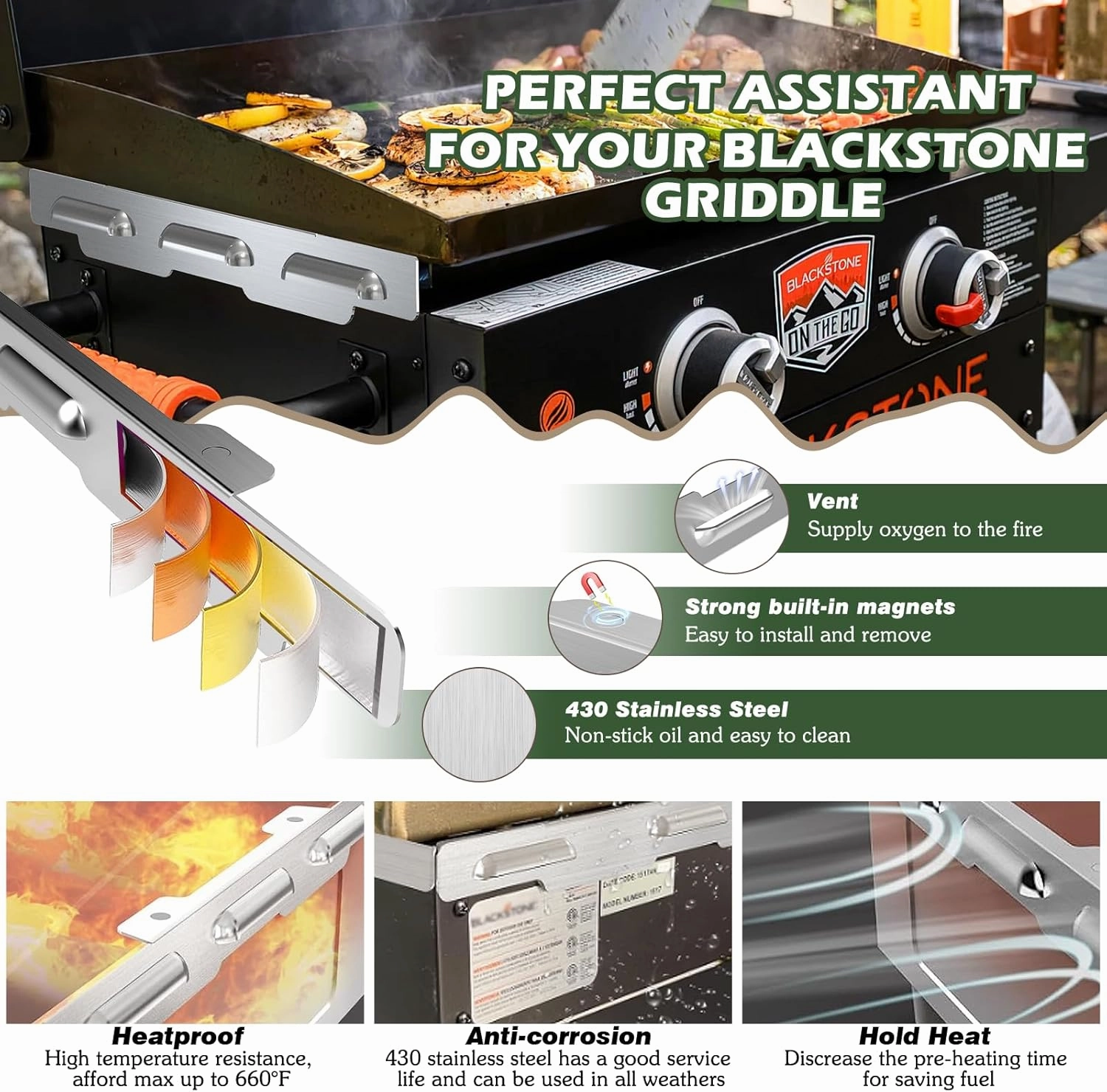 Upgraded Wind screens of Blackstone wind guards 22, Magnetic Wind Guards for Blackstone Griddle 22 with griddle grease gate, Protect Flame Hold Heat, Save Propane