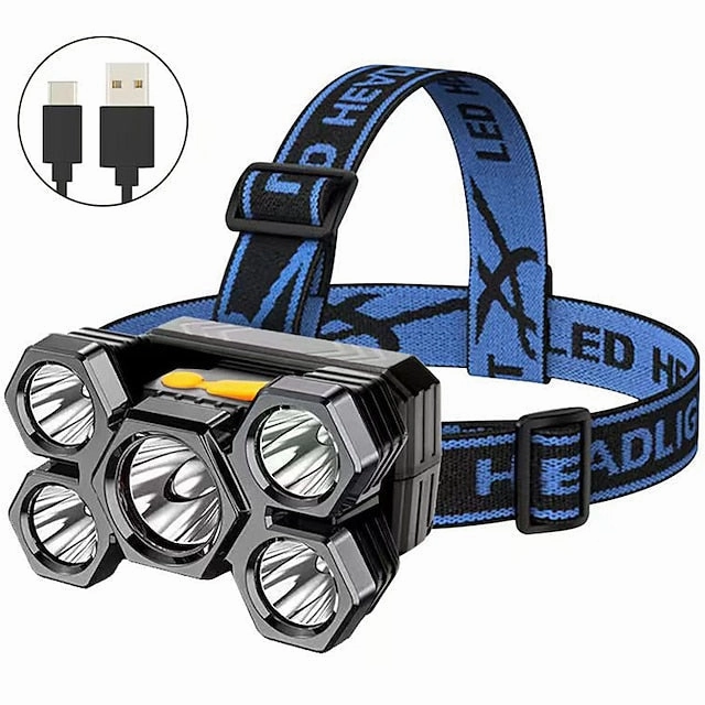 USB Rechargeable LED Head Lamp, Portable 5 LEDs Headlight Torch Work Light for Travel, Camping, Fishing, Hunting