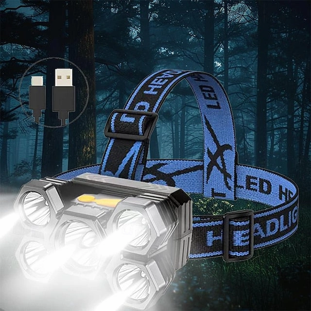 USB Rechargeable LED Head Lamp, Portable 5 LEDs Headlight Torch Work Light for Travel, Camping, Fishing, Hunting