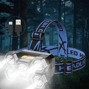 USB Rechargeable LED Head Lamp, Portable 5 LEDs Headlight Torch Work Light for Travel, Camping, Fishing, Hunting