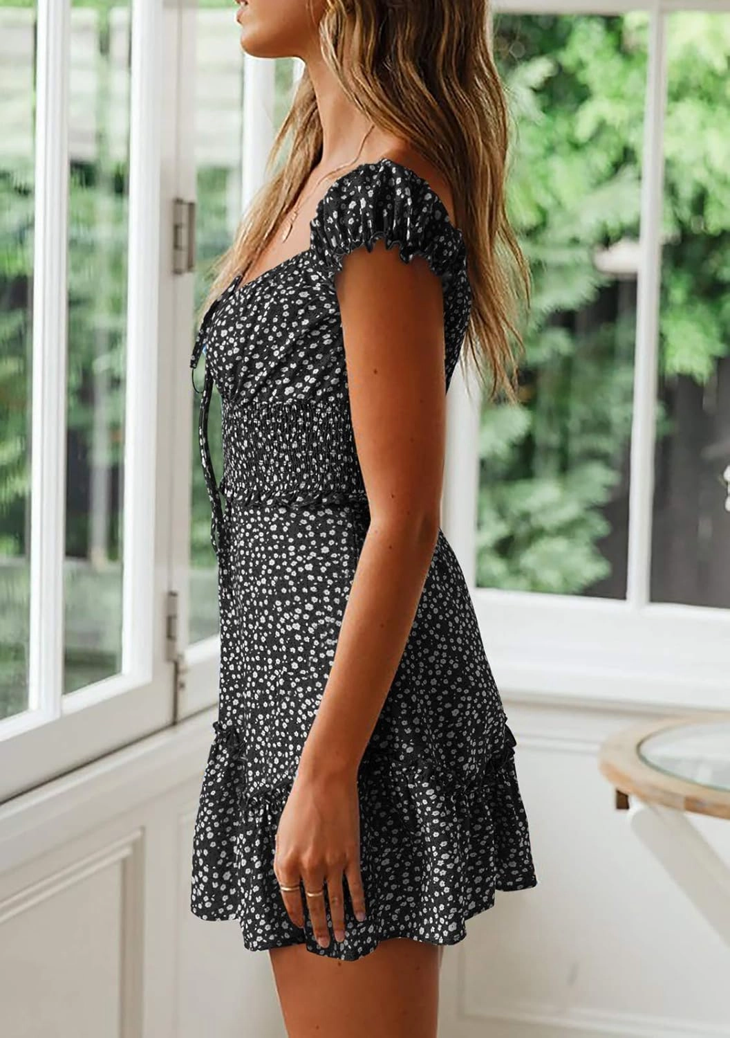 Valphsio Womens Smocked Dress Ruffle Floral Tie Front Boho Short Dresses