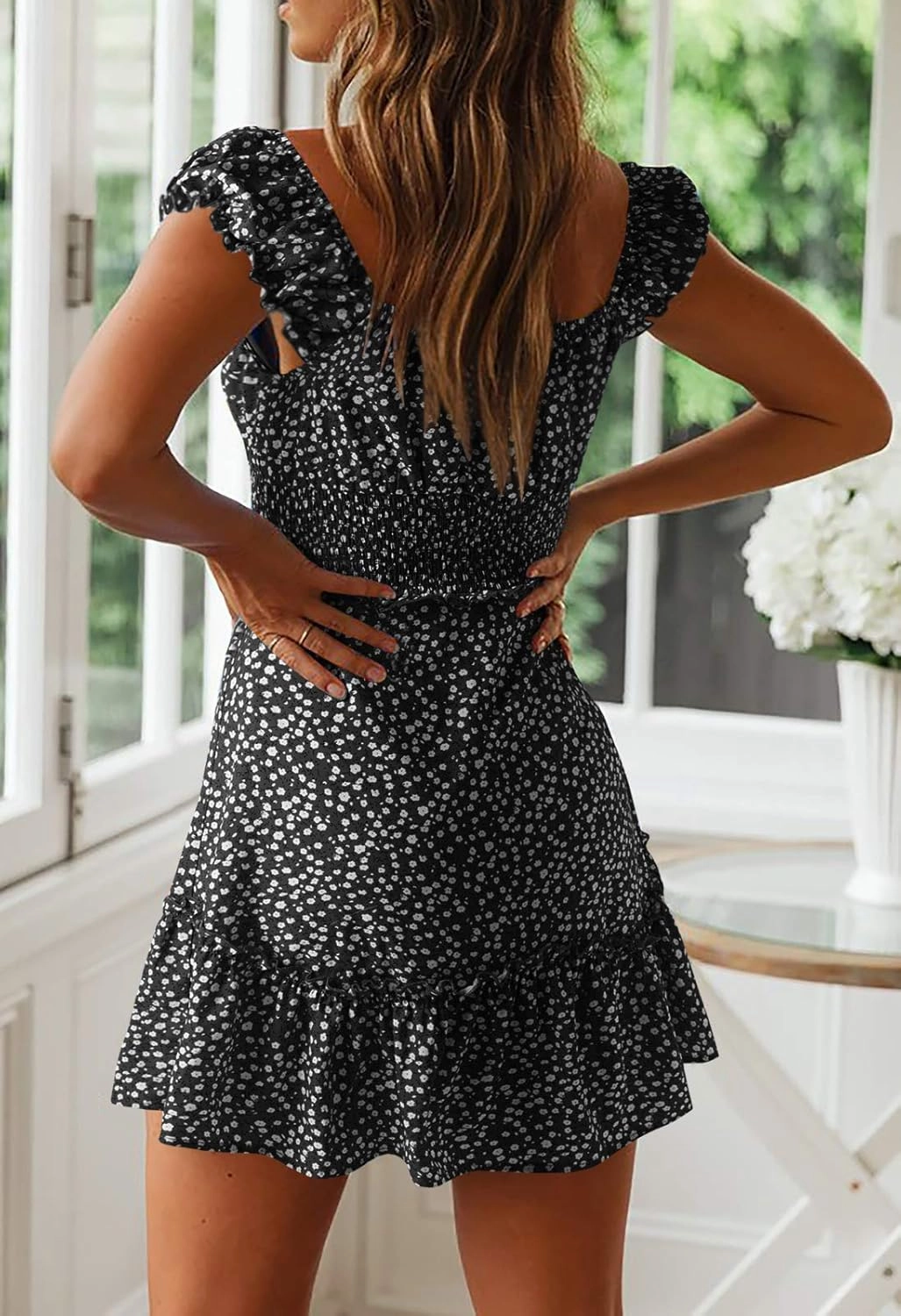 Valphsio Womens Smocked Dress Ruffle Floral Tie Front Boho Short Dresses