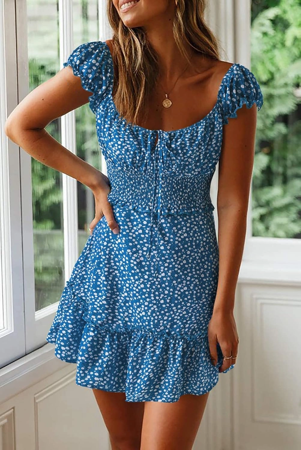 Valphsio Womens Smocked Dress Ruffle Floral Tie Front Boho Short Dresses