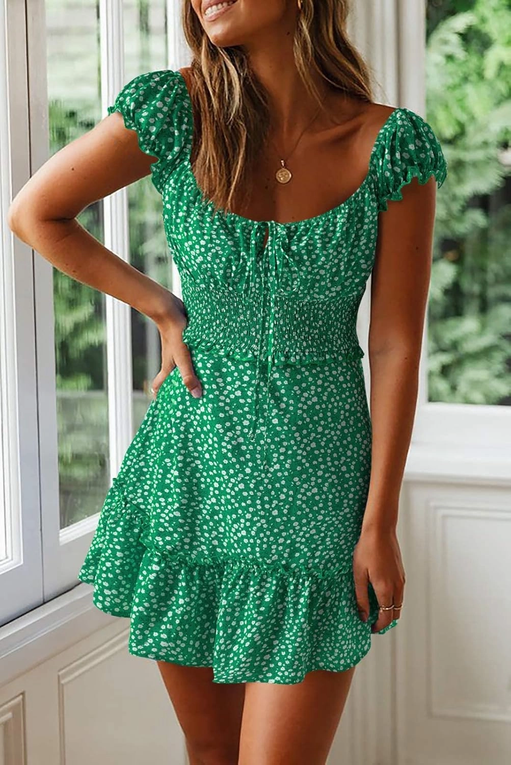 Valphsio Womens Smocked Dress Ruffle Floral Tie Front Boho Short Dresses