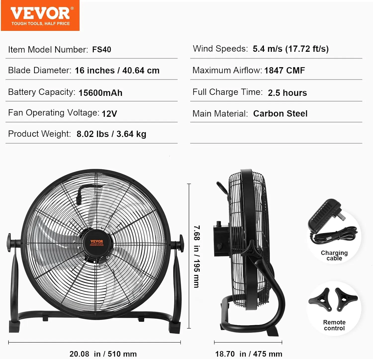 VEVOR 16'' Rechargeable Floor Fan, Portable Quiet Personal Fan for Home or Office, 360 Degree Manual Pivoting Head, Stepless Speed Regulation High Velocity, Heavy Duty Metal Industrial Cordless Fans