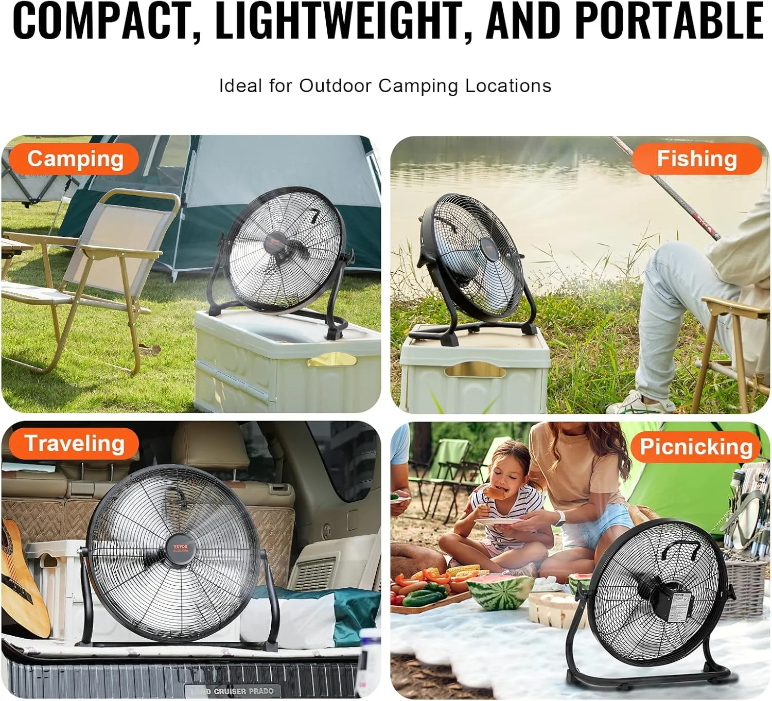 VEVOR 16'' Rechargeable Floor Fan, Portable Quiet Personal Fan for Home or Office, 360 Degree Manual Pivoting Head, Stepless Speed Regulation High Velocity, Heavy Duty Metal Industrial Cordless Fans
