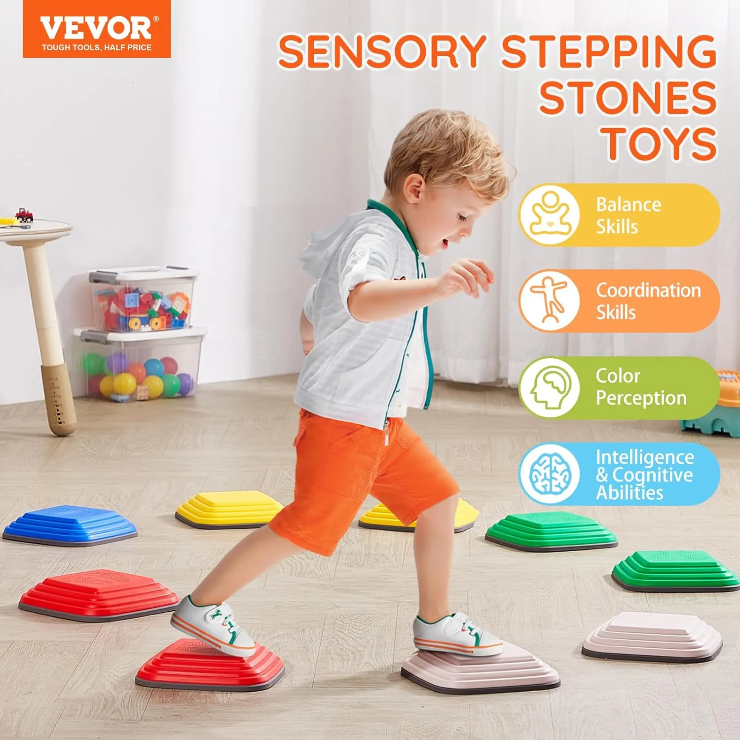 VEVOR Balance Stepping Stones for Kids, 10 PCS, Up to 220 lbs, Non-Slip Toddlers Sensory Stepping Stones, Obstacle Course Coordination Game Toys Indoor or Outdoor Play for Children Aged 3 4 5 6 7 8 