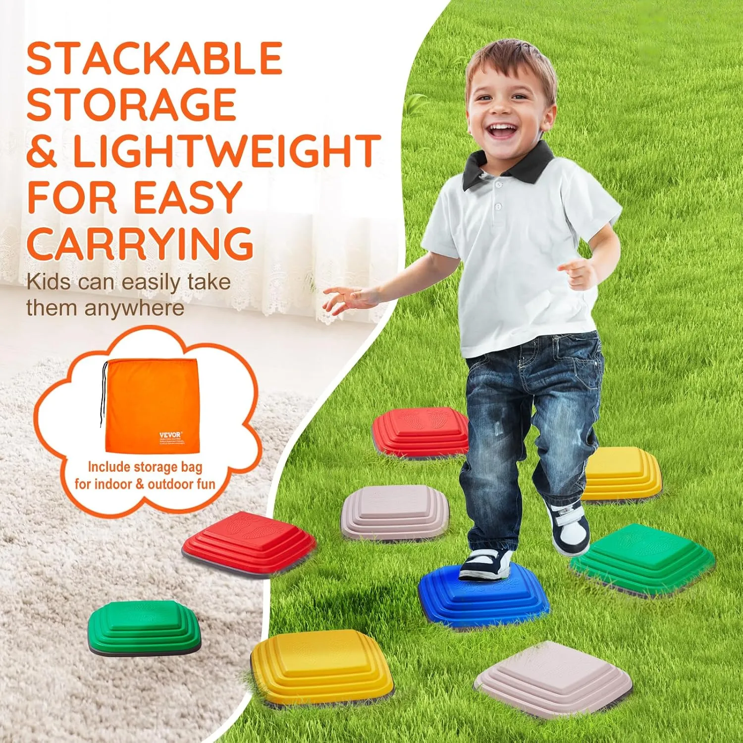 VEVOR Balance Stepping Stones for Kids, 10 PCS, Up to 220 lbs, Non-Slip Toddlers Sensory Stepping Stones, Obstacle Course Coordination Game Toys Indoor or Outdoor Play for Children Aged 3 4 5 6 7 8 