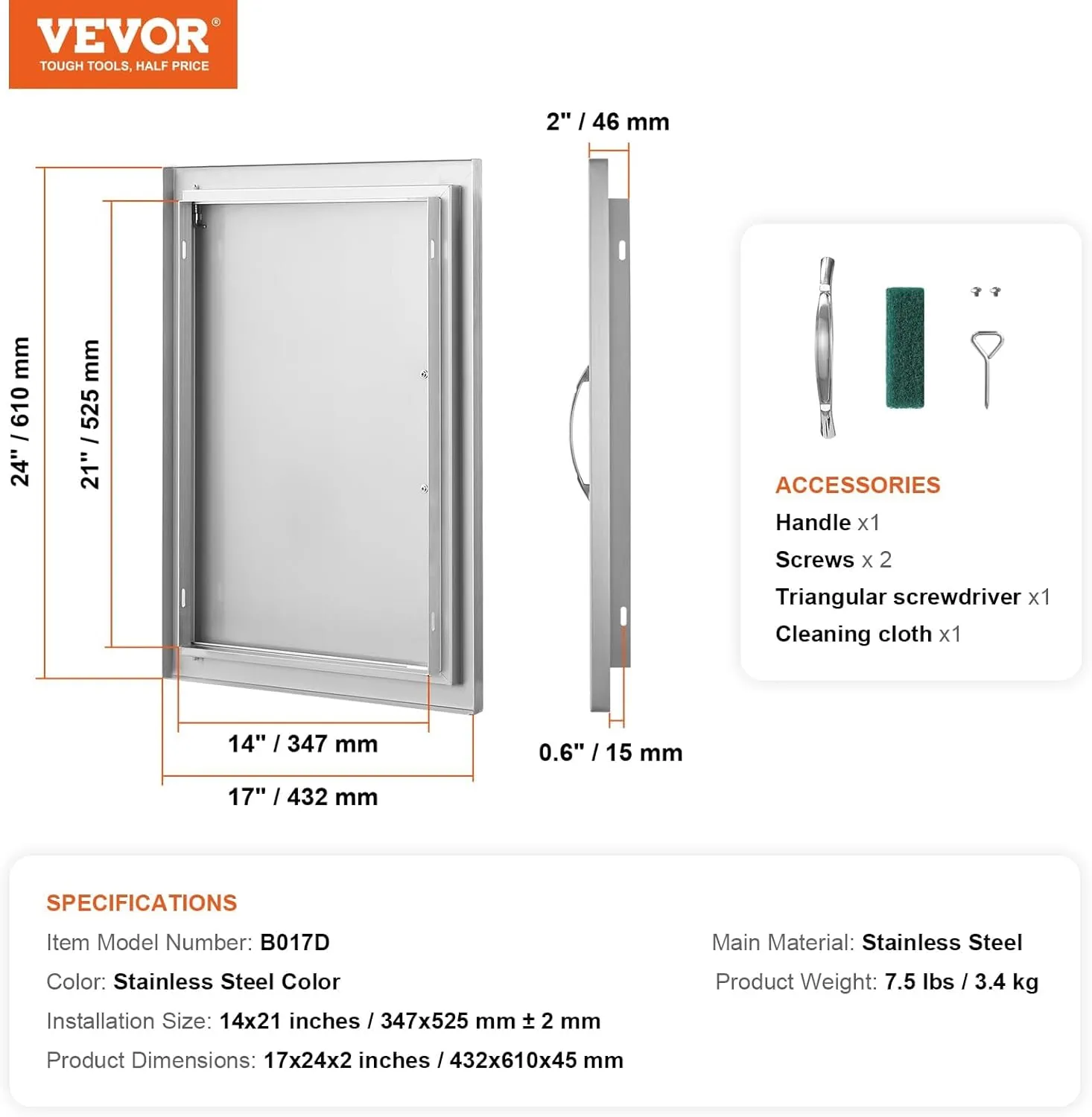 VEVOR BBQ Access Door 17W x 24H Inch, Vertical Single BBQ Door Stainless Steel, Outdoor Kitchen Doors for BBQ Island, Grill Station, Outdoor Cabinet
