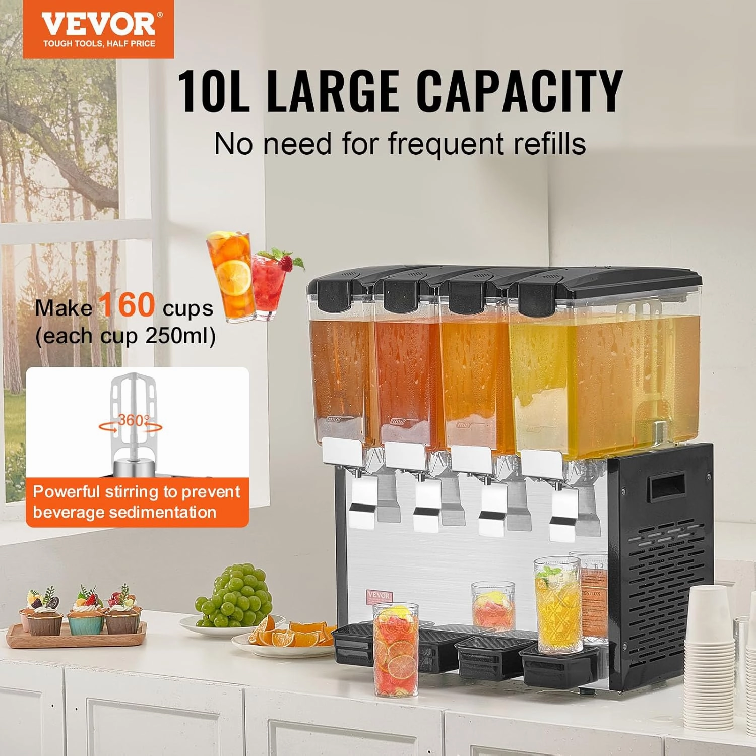 VEVOR Commercial Beverage Dispenser, 4 Tanks 10 L / 10.6 QT Per Tank Juice Dispenser, 430W Stainless Steel Ice Tea Drink Machine with 45°F-54°F Cooling Temperature, for Cold Drink Restaurant Bar Party