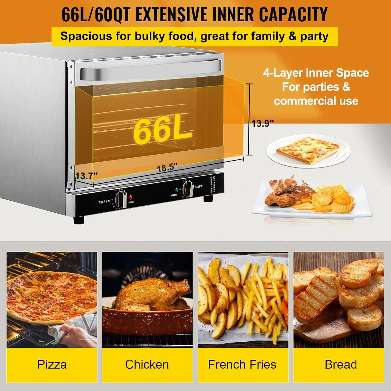VEVOR Commercial Convection Oven, 66L/60Qt, Half-Size Conventional Oven Countertop, 1800W 4-Tier Toaster w/Front Glass Door, w/Trays Wire Racks Clip Gloves, 120V
