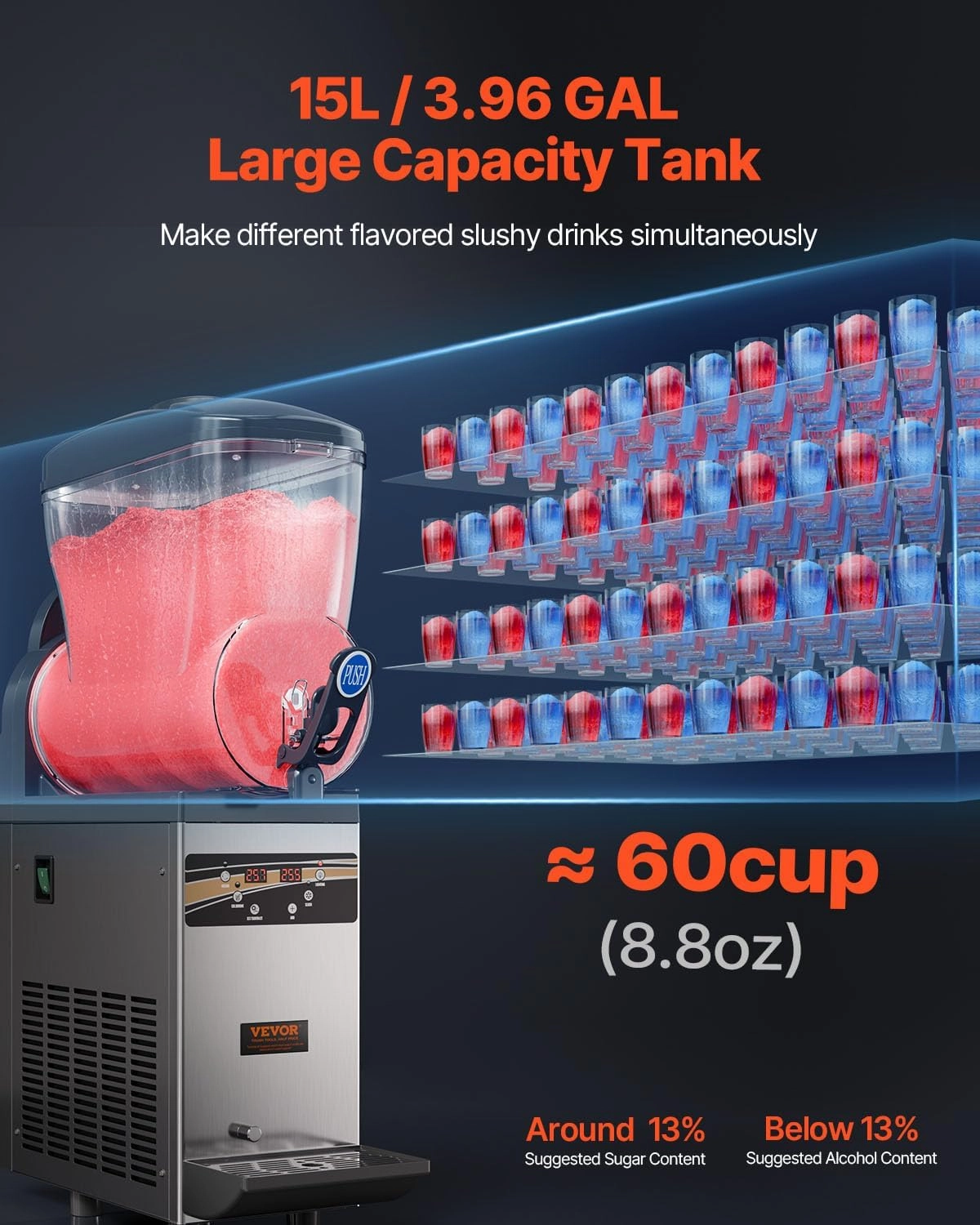 VEVOR Commercial Margarita Machine, 15L Single Tank Commercial Slushie Machine, 60 Cups Stainless Steel Margarita Smoothie Frozen Drink Maker, Slushy Maker for Home Party Restaurants Cafe Bars