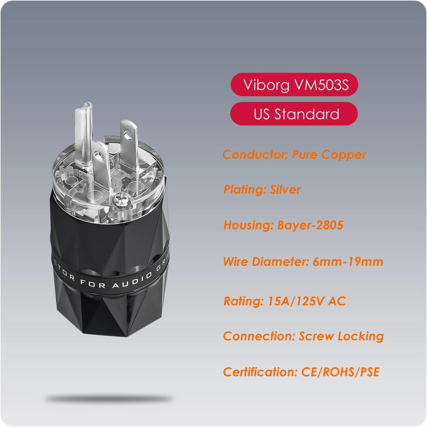 Viborg HiFi Power Plug, Silver-Plated Pure Copper, VM503S, Non-Magnetic, 15A/125V AC Mains Plug, Audio Grade Power Plug, Set Screws, Hi-End US Power Connector for DIY Audiophile Power Cord